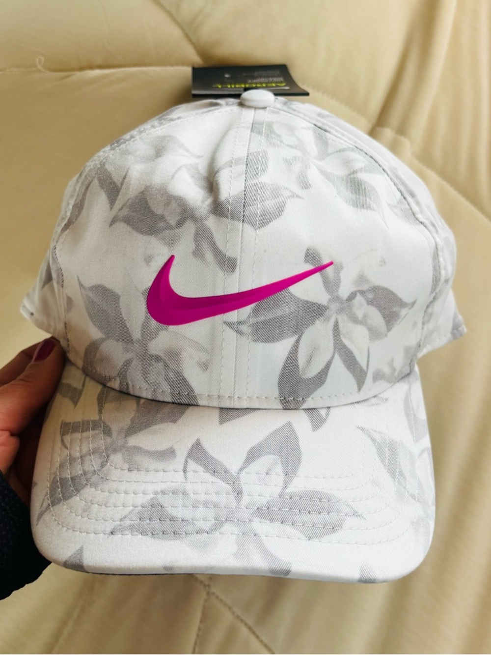 Nike White Ball Cap Hat with Pink Swoosh and Gray Floral Print